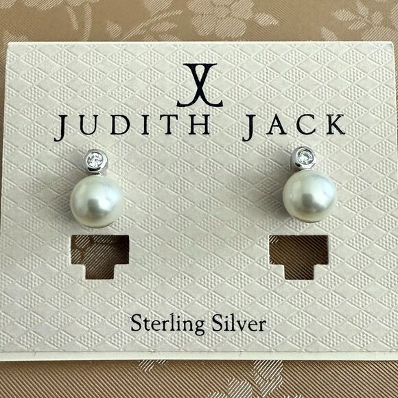 Judith Jack Sterling Silver 925 Faux Pearl & CZ Stud Earrings - Modern Elegance - Picture 1 of 4